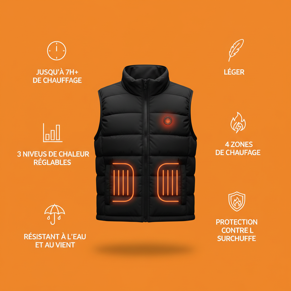 HotJak Gilet Chauffant : 4 zones de chauffe, 3 niveaux, 7h+ d'autonomie, résistant à l'eau et au vent, léger, protection contre la surchauffe