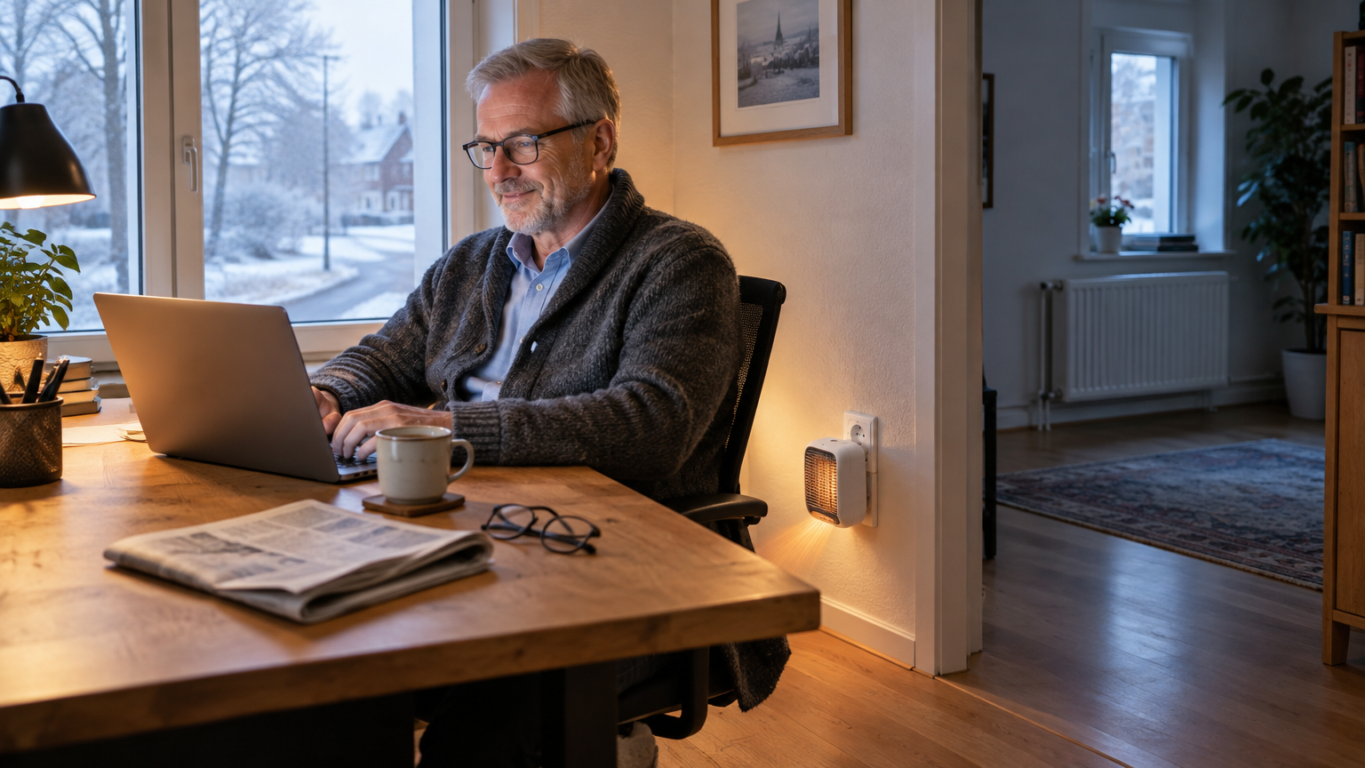 Mann im Homeoffice am Schreibtisch mit einem kleinen Steckdosen-Heizgerät an der Wand – nur der Arbeitsplatz wird beheizt, nicht die ganze Wohnung