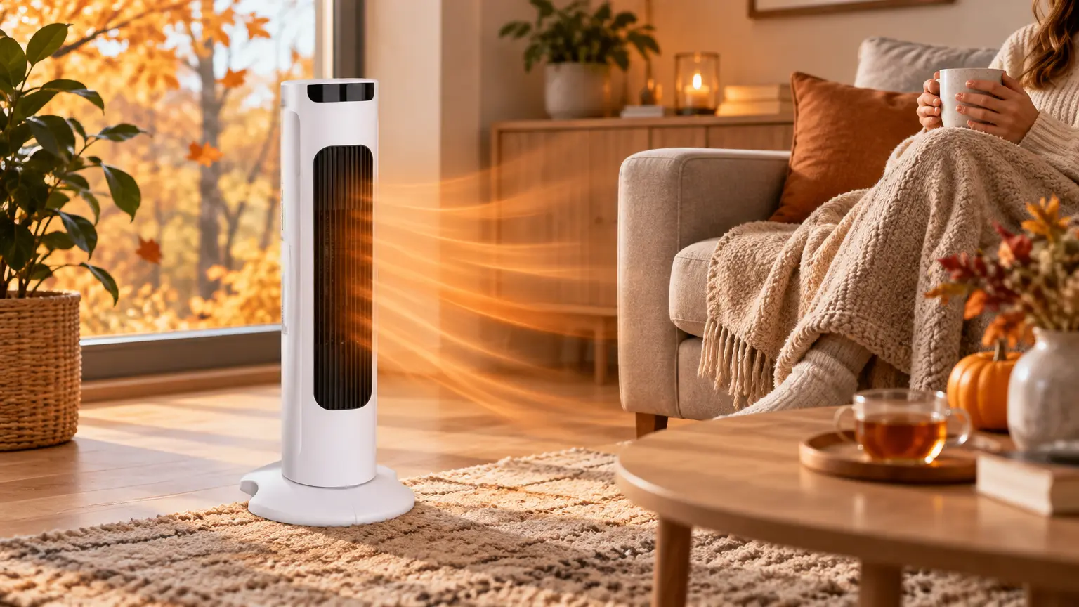 LifeGauge ComfortPro Turm-Heizgerät und Kühler in einem gemütlichen deutschen Wohnzimmer im Herbst