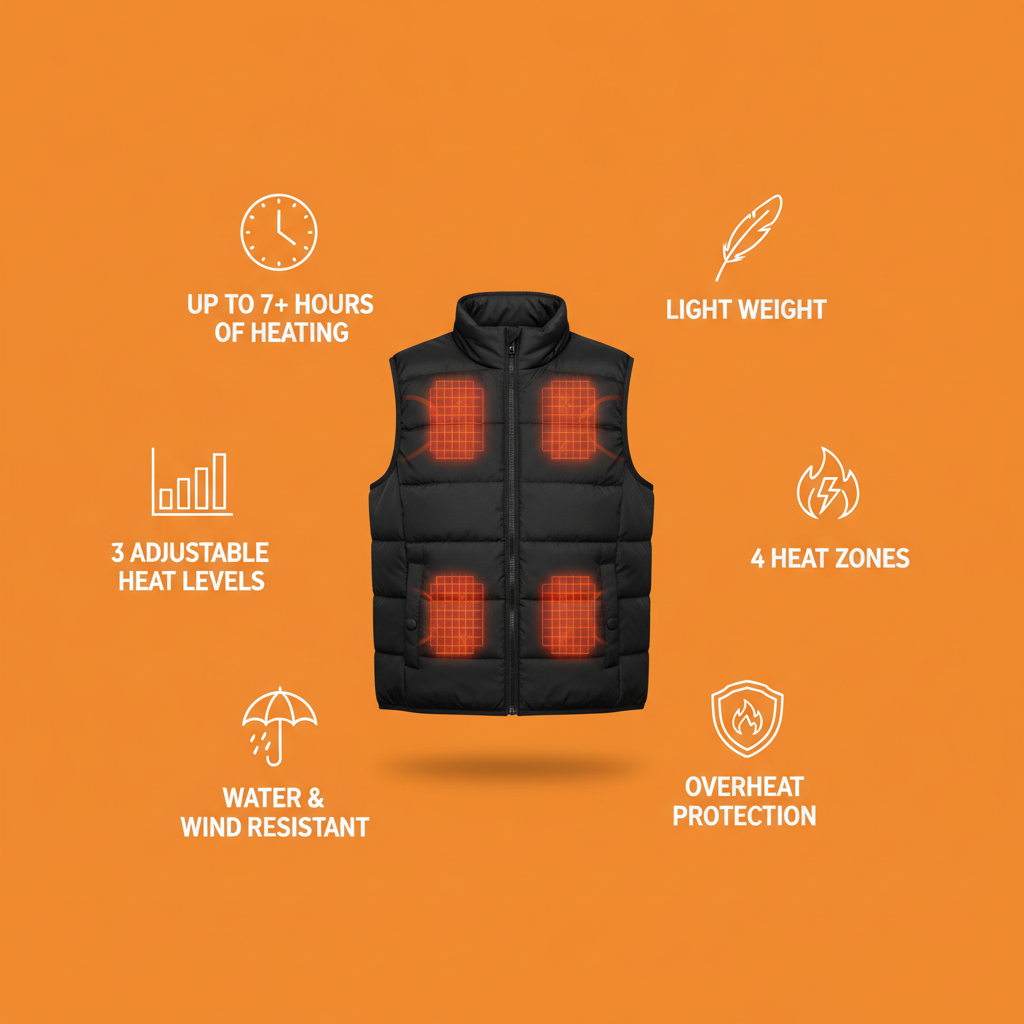 HotJak Heated Vest: 4 heat zones, 3 heat levels, 7+ hours battery, water & wind resistant, lightweight, overheat protection